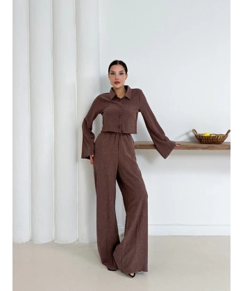 Gömlek yaka kaplama düğmeli takım kahve st265866