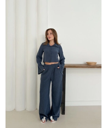 Gömlek yaka kaplama düğmeli takım lacivert st265866