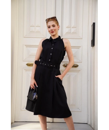 Gömlek yaka kemerli elbise siyah s255061