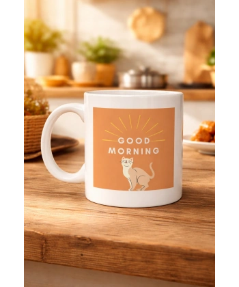 Good Morning Kedi Desenli Porselen Kupa MODEL 72 – Sevimli Kedi Figürlü, Kahve & Çay Kupası, Hediyelik Porselen Bardak