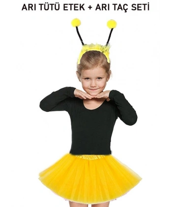 Gösteriler İçin Sarı Arı Tütü Etek ve Sarı Ponponlu Arı Taç Seti
