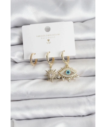 Göz Model Gold Renk Pirinç 3lü Kadın Küpe Seti