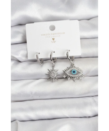 Göz Model Gümüş Renk Pirinç 3lü Kadın Küpe Seti