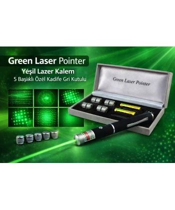 Green Laser Pointer Yeşil Lazer Kalem 5 Başlıklı Özel Kadife Gri Kutulu