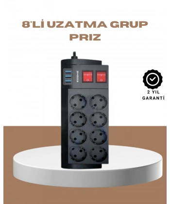 Güçlü Termal Korumalı 8 Priz + 3 USB Çoklu Uzatma Kablosu 2m