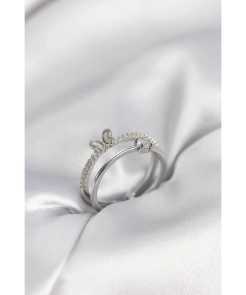 Gümüş Renk 2li Zirkon Taşlı Kelebek Model Kadın Yüzük