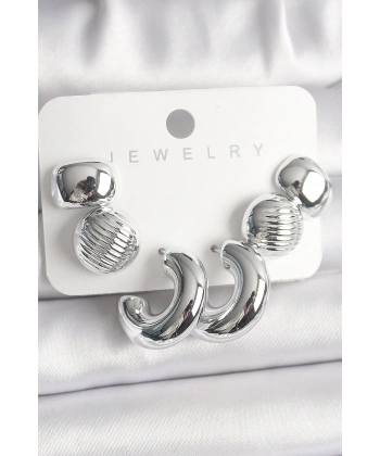 Gümüş Renk İşlemeli Daire Halka Model CCB Platik Kadın Küpe Seti