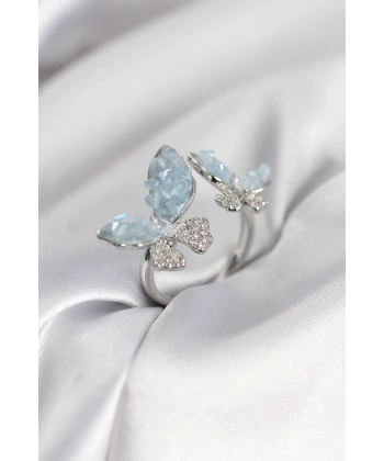 Gümüş Renk Mavi Kelebek Model Zirkon Taşlı Kadın Yüzük