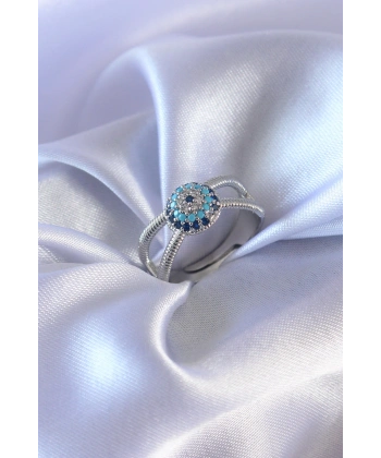 Gümüş Renk Nazar Boncuk Model Kadın Yüzük