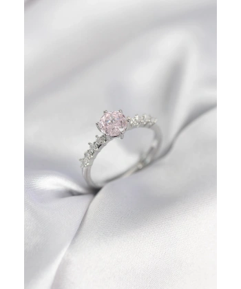Gümüş Renk Pembe Tek Taş Model Zirkon Taşlı Kadın Yüzük