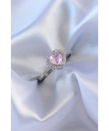 Gümüş Renk Pembe Zirkon Taşlı Kalp Charm Model Pirinç Kadın Yüzük
