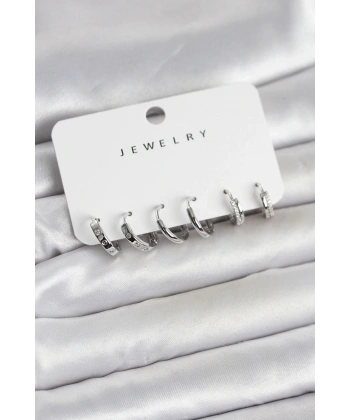 Gümüş Renk Pirinç 3 Çift Kadın Küpe Seti