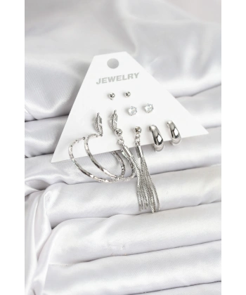 Gümüş Renk Pirinç 6 Çiftli Kadın Küpe Seti