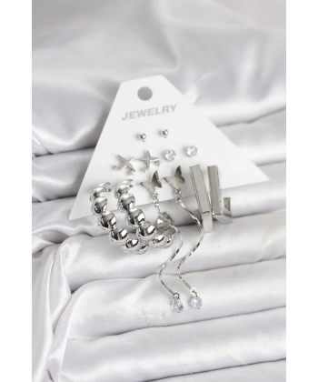 Gümüş Renk Pirinç 6lı Kadın Küpe Seti