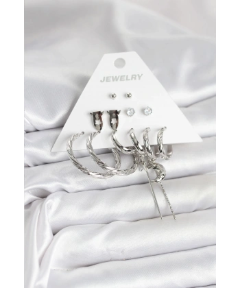 Gümüş Renk Pirinç 6lı Kadın Küpe Seti