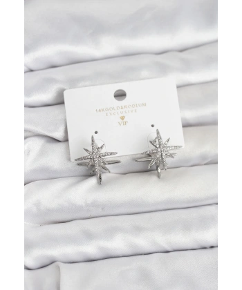 Gümüş Renk Pirinç Çift Taraflı Kutup Yıldızı Kadın Küpe