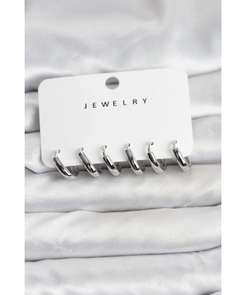 Gümüş Renk Pirinç Halka Kadın Küpe Seti