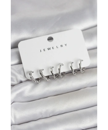 Gümüş Renk Pirinç Kemik Model 3 Çift Kadın Küpe Seti