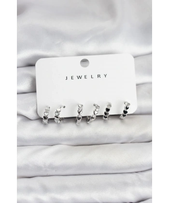 Gümüş Renk Pirinç Minimal Kalp Detaylı Kadın Küpe Seti