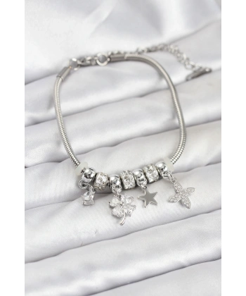 Gümüş Renk Pirinç Yonca Charmlı Kadın Bileklik