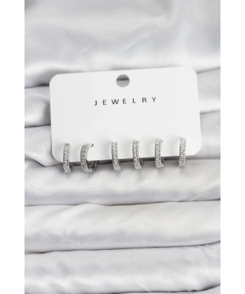 Gümüş Renk Pirinç Zirkon Taşlı Halka Kadın Küpe Seti