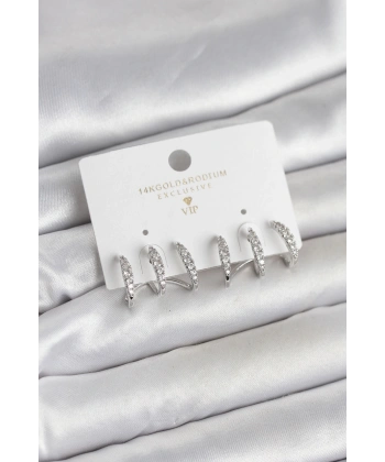 Gümüş Renk Pirinç Zirkon Taşlı Kadın Küpe