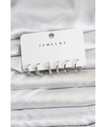 Gümüş Renk Pirinç Zirkon Taşlı Kadın Küpe Seti