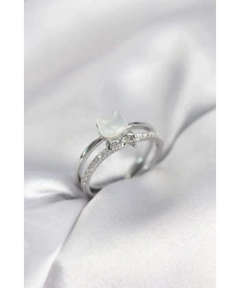 Gümüş Renk Sedefli Kedi Model Fiyonklu Zirkon Taşlı Kadın Yüzük