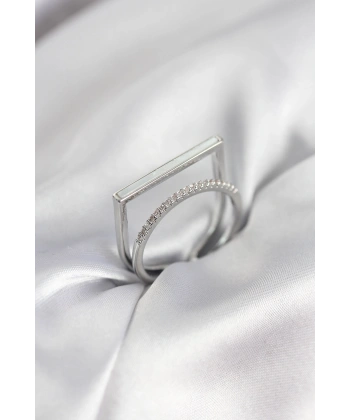 Gümüş Renk Sedefli Zirkon Taşlı 2li Kadın Yüzük