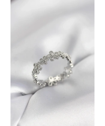 Gümüş Renk Sıralı Çiçek Model Zirkon Taşlı Kadın Yüzük