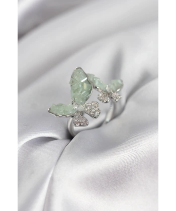 Gümüş Renk Su Yeşili Kelebek Model Zirkon Taşlı Kadın Yüzük