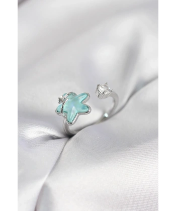 Gümüş Renk Turkuaz Yıldız Model Kadın Yüzük