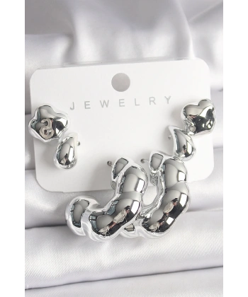 Gümüş Renk Yonca Damla Halka Model CCB Plastik Kadın Küpe Seti