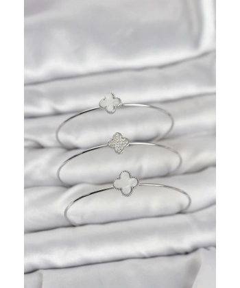 Gümüş Renk Yonca Model Zirkon Taşlı 3lü Kadın Bileklik Kombini