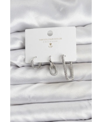 Gümüş Renk Zirkon Taşlı 3lü Kadın Küpe Seti