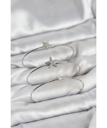 Gümüş Renk Zirkon Taşlı Deniz Yıldızı Model 3lü Kadın Bileklik Kombini