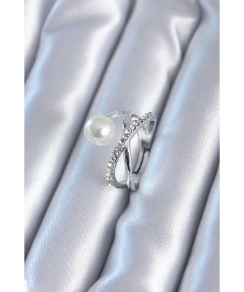 Gümüş Renk Zirkon Taşlı İncili Kadın Yüzük