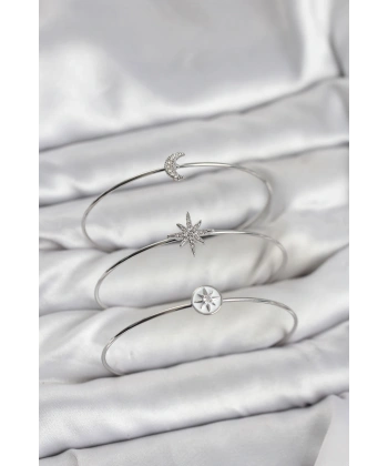 Gümüş Renk Zirkon Taşlı Kutup Yıldızı Model 3lü Kadın Bileklik Kombini