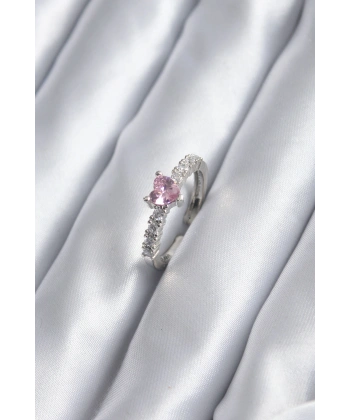 Gümüş Renk Zirkon Taşlı Pembe Kristal Kalp Model Kadın Yüzük