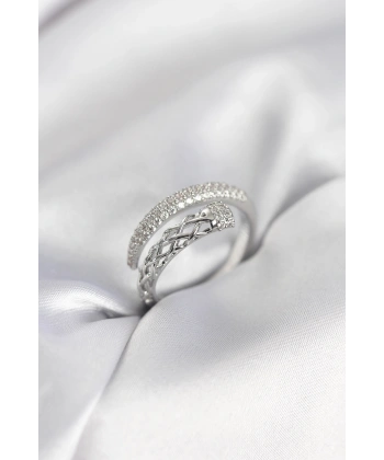 Gümüş Renk Zirkon Taşlı Sarmal Kadın Yüzük