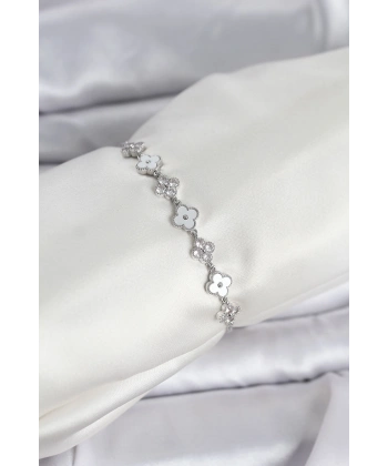 Gümüş Renk Zirkon Taşlı Sıralı Yonca Model Asansörlü Kadın Bileklik