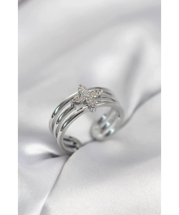 Gümüş Renk Zirkon Taşlı Yonca Model Kadın Yüzük