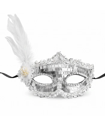 Gümüş Tüylü Payetli Lüks Taşlı Parti Maskesi