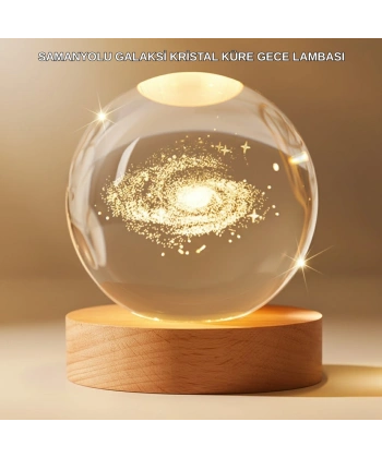 Gün Işığı LED’li 3D Kristal Galaksi Küre Ahşap Tabanlı Dekoratif Lamba
