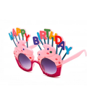 Happy Birthday Yazılı Pembe Fuşya Renk Pembe Pastalı Parti Gözlüğü 12x7 cm