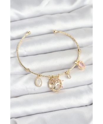 Hayat Ağacı Charmlı Gold Renk Pirinç Kadın Bileklik