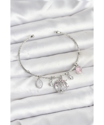 Hayat Ağacı Charmlı Gümüş Renk Pirinç Kadın Bileklik