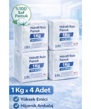 Hidrofil Rulo Pamuk 1 Kg x 4 Adet Saf Pamuk Yüksek Emici Medikal ve Kozmetik Kullanım
