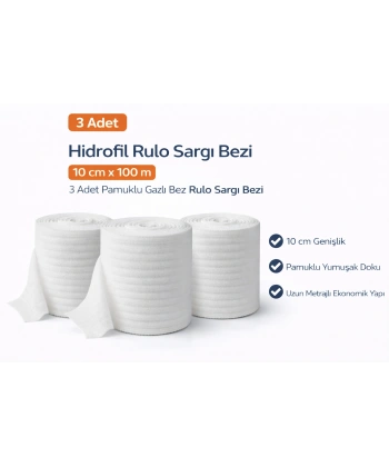 Hidrofil Rulo Sargı Bezi 10 cm x 100 m 3 Adet Pamuklu Gazlı Bez Rulo Sargı Bezi