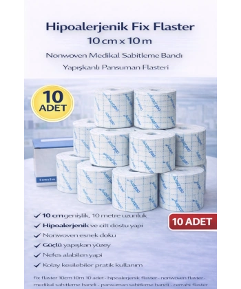 Hipoalerjenik Fix Flaster 10 cm x 10 m 10 Adet Nonwoven Medikal Sabitleme Bandı Yapışkanlı Pansuman Flasteri